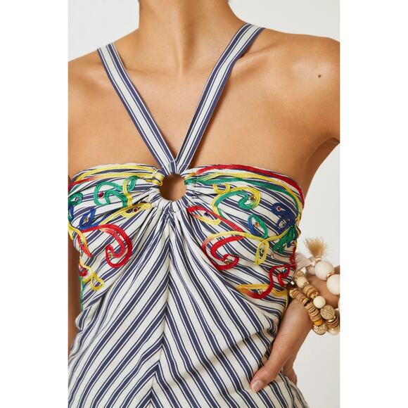 New Anthropologie Avril Emroidered Striped Halter Top $110  MEDIUM  Blue - Picture 1 of 6